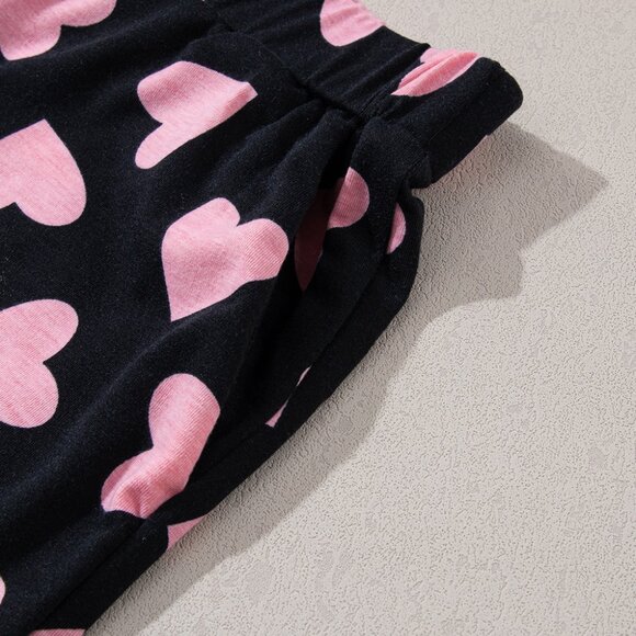 Black Valentine Heart Shape Print Long Sleeve Top Shorts Lounge Set - Picture 10 of 11